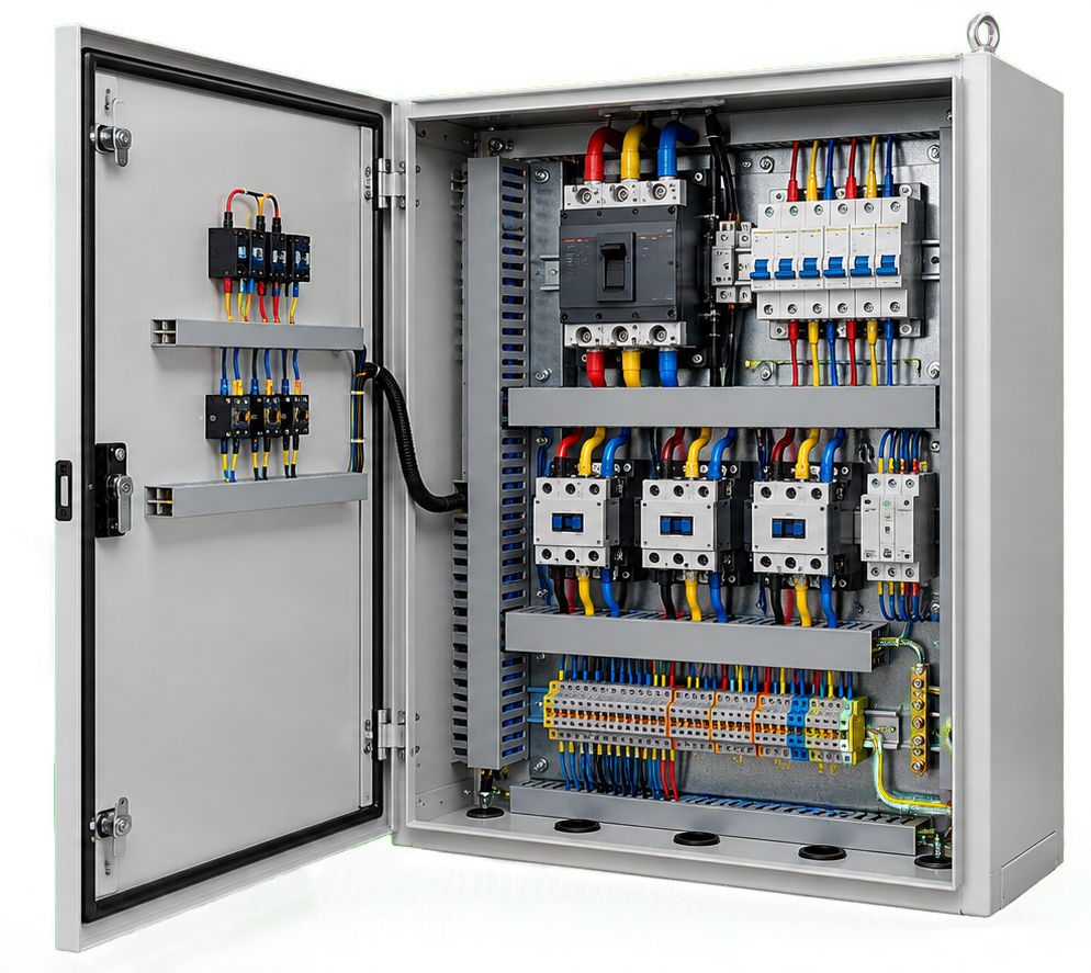 Panel eléctrico industrial abierto con energía dorada
